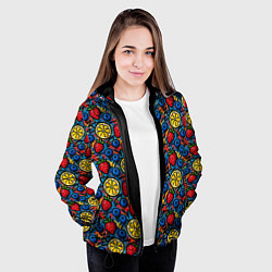 Куртка с капюшоном женская Ягоды и фрукты паттерн, цвет: 3D-черный — фото 2
