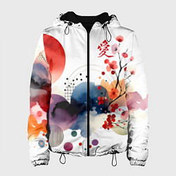 Куртка с капюшоном женская Абстрактный Японский паттерн и иероглиф любовь, цвет: 3D-черный
