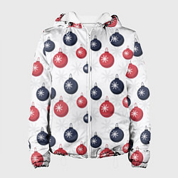 Куртка с капюшоном женская Синие и красные новогодние шары со снежинками, цвет: 3D-белый