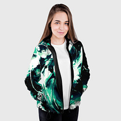 Куртка с капюшоном женская Чёрно-зелёный абстракция волна, цвет: 3D-черный — фото 2