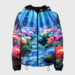 Куртка с капюшоном женская Цветы на глубине освещённые лучами, цвет: 3D-черный