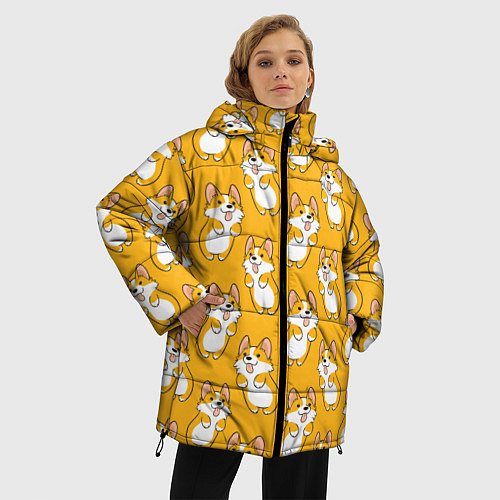 Женская зимняя куртка Корги паттерн / 3D-Черный – фото 3