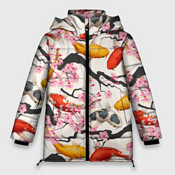 Куртка зимняя женская Карпы кои в сакуре, цвет: 3D-светло-серый