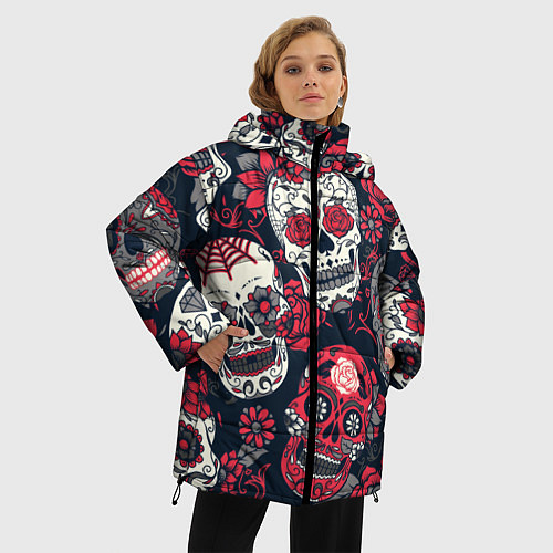 Женская зимняя куртка Мексиканские черепа / 3D-Черный – фото 3