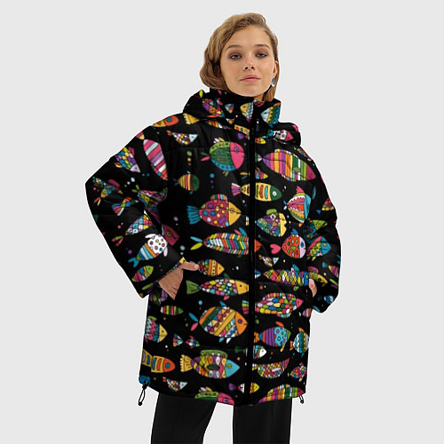 Женская зимняя куртка Разноцветные рыбы - черный фон / 3D-Черный – фото 3