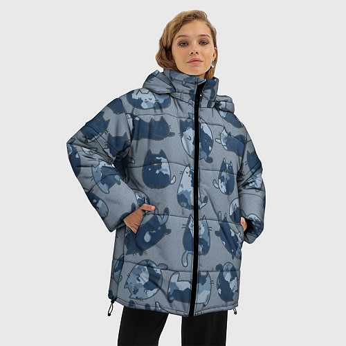 Женская зимняя куртка Камуфляж с котиками серо-голубой / 3D-Черный – фото 3