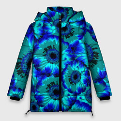 Куртка зимняя женская Голубые хризантемы, цвет: 3D-черный