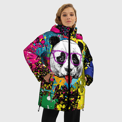 Женская зимняя куртка Панда хипстер в брызгах краски / 3D-Черный – фото 3