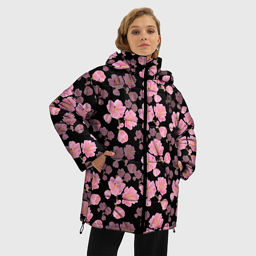 Женская зимняя куртка Цветок сакуры / 3D-Черный – фото 3