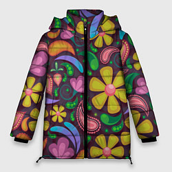 Женская зимняя куртка Летние цветы узор на темном