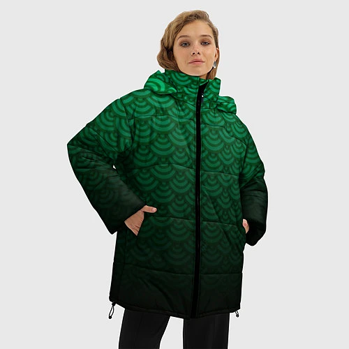 Женская зимняя куртка Узор зеленая чешуя дракон / 3D-Черный – фото 3