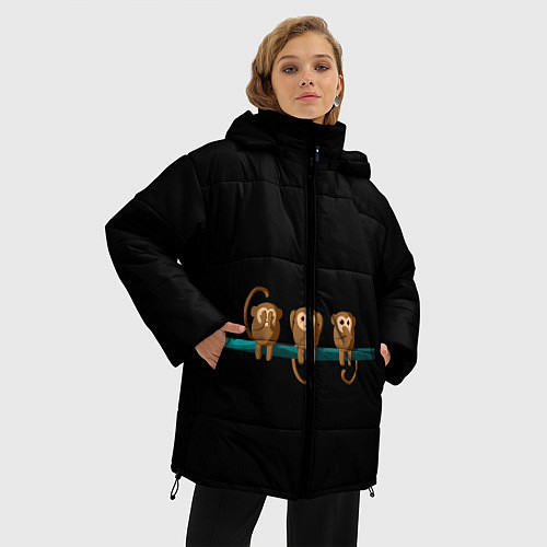 Женская зимняя куртка Обезьяны слух зрение речь трио / 3D-Черный – фото 3