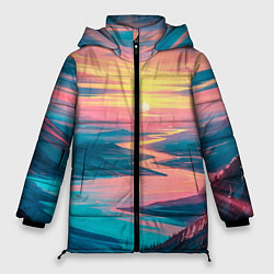 Куртка зимняя женская Извилистая река закат природа, цвет: 3D-черный