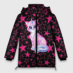 Куртка зимняя женская Cat Unicorn Кот Единорог, цвет: 3D-черный
