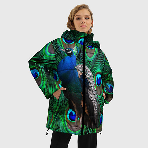 Женская зимняя куртка Павлин на фоне своих перьев / 3D-Черный – фото 3