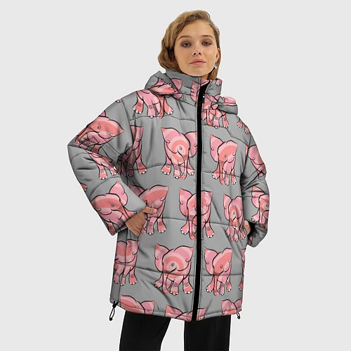 Женская зимняя куртка РОЗОВЫЕ СЛОНИКИ ПАТТЕРН / 3D-Черный – фото 3
