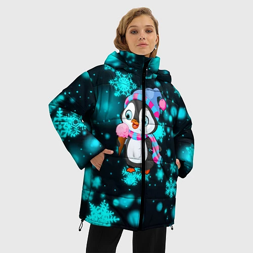 Женская зимняя куртка Новогодний пингвин / 3D-Черный – фото 3