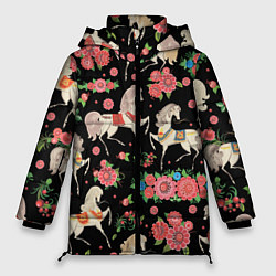 Куртка зимняя женская Лошади и цветы, цвет: 3D-черный
