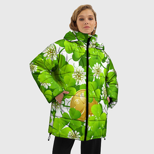 Женская зимняя куртка Ирландский Клевер и Монетка / 3D-Черный – фото 3