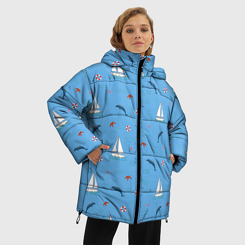 Женская зимняя куртка Море, дельфины, парусник / 3D-Черный – фото 3