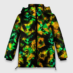Куртка зимняя женская Абстрактный желто-зеленый узор, цвет: 3D-черный
