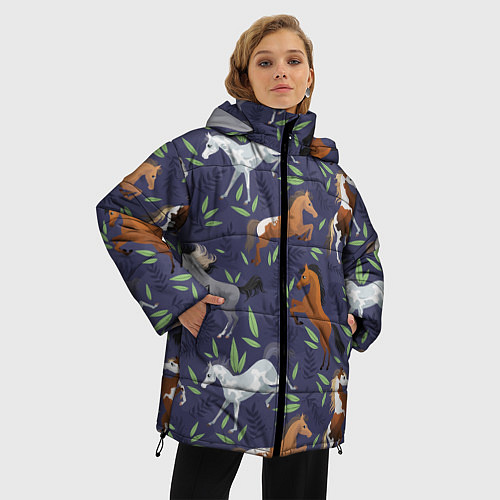 Женская зимняя куртка Лошадки узор / 3D-Черный – фото 3