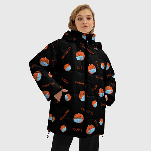 Женская зимняя куртка Halloween 2021 , тыква в маске и коронавирус на че / 3D-Черный – фото 3