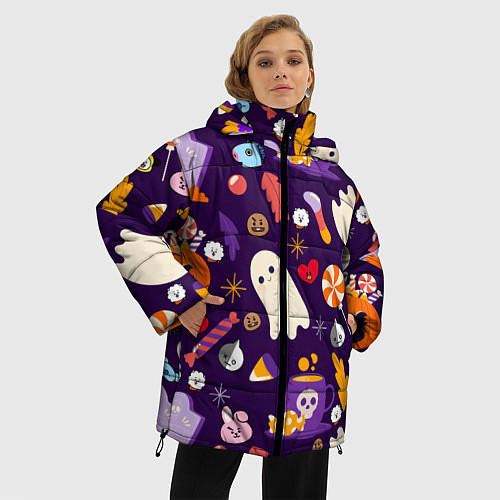 Женская зимняя куртка HALLOWEEN BTS BT21 PATTERN БТ21 БТС ХЕЛЛОУИН / 3D-Черный – фото 3