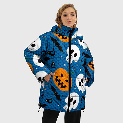 Женская зимняя куртка ЧЕРЕПА И ТЫКВЫ HALLOWEEN / 3D-Черный – фото 3