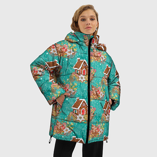 Женская зимняя куртка Рождественские пряники паттерн / 3D-Черный – фото 3