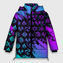 Куртка зимняя женская GENSHIN NEON PATTERN SYMBOL НЕОН ЭМБЛЕМЫ, цвет: 3D-светло-серый