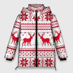 Куртка зимняя женская Новогодний узор с оленями, цвет: 3D-красный