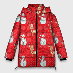 Куртка зимняя женская Снеговики и олени, цвет: 3D-черный