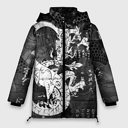Куртка зимняя женская ЧБ Японский Дракон Dragon Иероглифы, цвет: 3D-черный