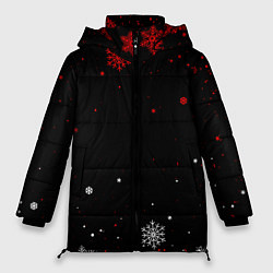 Куртка зимняя женская КРАСНО БЕЛЫЕ СНЕЖИНКИ НА ЧЁРНОМ ФОНЕ, цвет: 3D-светло-серый