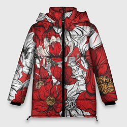 Куртка зимняя женская Цветы на алом фоне, цвет: 3D-красный