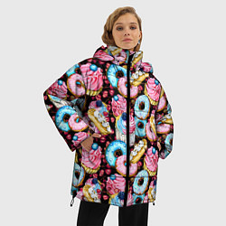 Куртка зимняя женская Узор из сладостей на черном фоне, цвет: 3D-светло-серый — фото 2