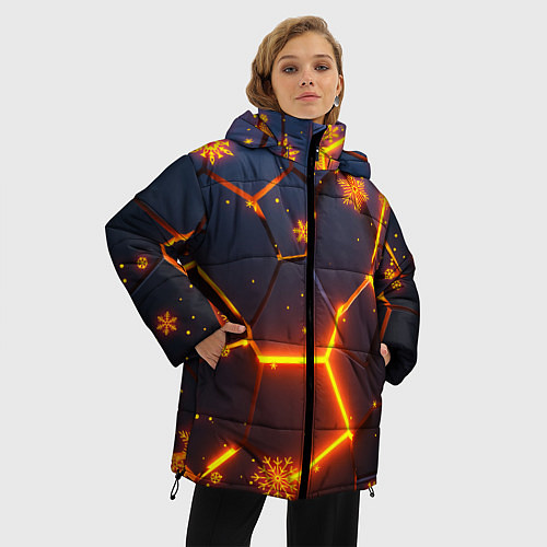 Женская зимняя куртка НОВОГОДНИЕ ОГНЕННЫЕ 3D ПЛИТЫ FIRE NEON HEXAGON / 3D-Черный – фото 3