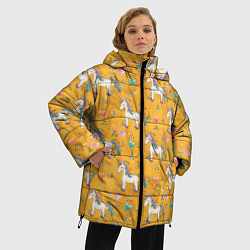Куртка зимняя женская Единороги на желтом фоне, цвет: 3D-красный — фото 2