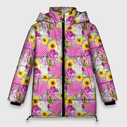 Куртка зимняя женская Полевые фиолетовые и желтые цветочки, цвет: 3D-черный