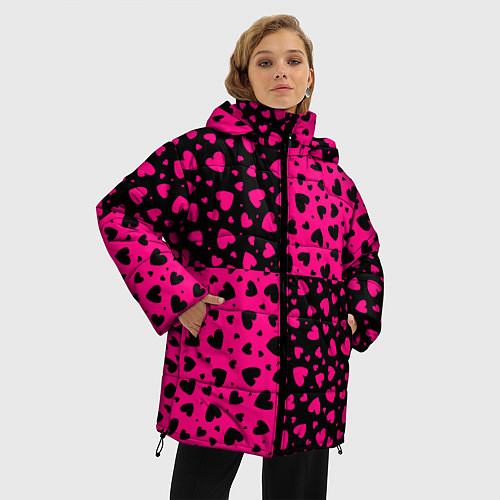 Женская зимняя куртка Черно-Розовые сердца / 3D-Черный – фото 3