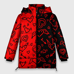 Куртка зимняя женская Черно-Красные сердца с крылышками, цвет: 3D-черный