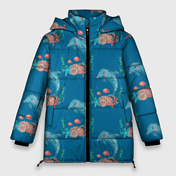 Куртка зимняя женская Дельфины Море паттерн, цвет: 3D-красный