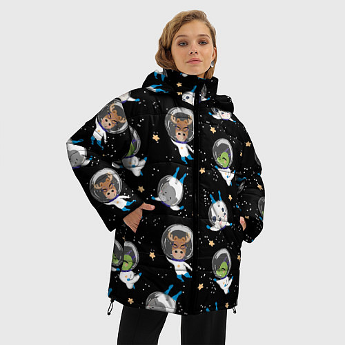 Женская зимняя куртка Звери в космосе паттерн / 3D-Красный – фото 3