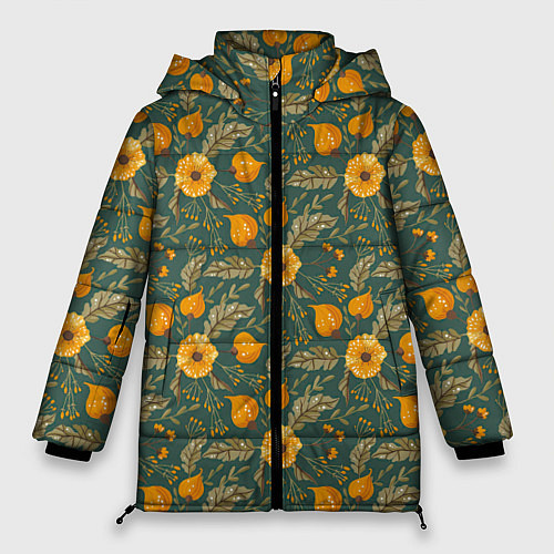 Женская зимняя куртка Желтые цветочки и листья / 3D-Красный – фото 1