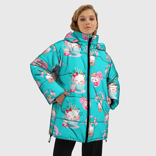 Женская зимняя куртка Коты в кружках паттерн / 3D-Красный – фото 3