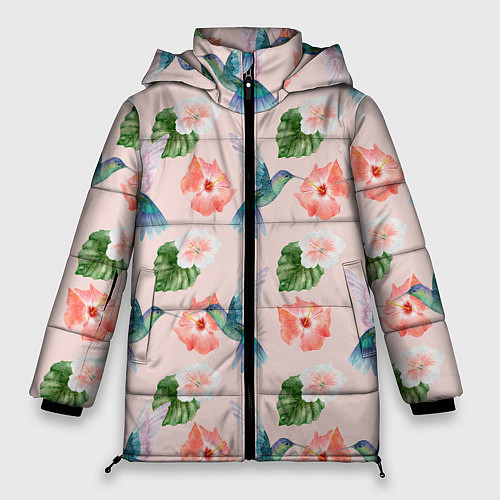 Женская зимняя куртка Колибри и нежные цветы / 3D-Красный – фото 1