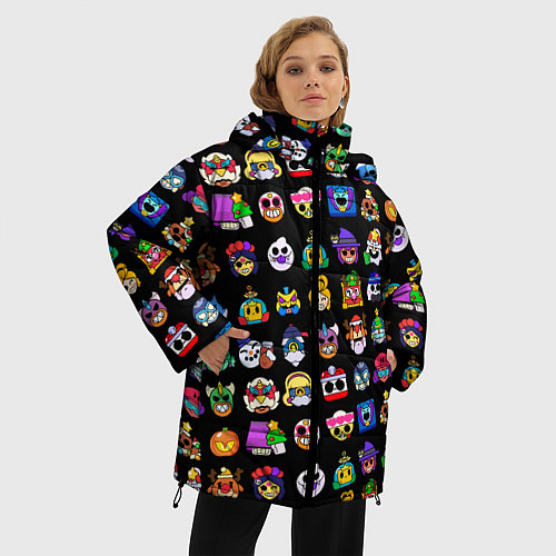 Женская зимняя куртка Значки на скины Бравл Старс Brawl Черный Пины / 3D-Черный – фото 3