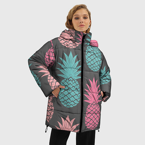 Женская зимняя куртка Большие неоновые ананасы / 3D-Черный – фото 3
