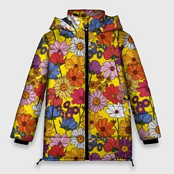 Куртка зимняя женская Цветочки-лютики на желтом фоне, цвет: 3D-светло-серый